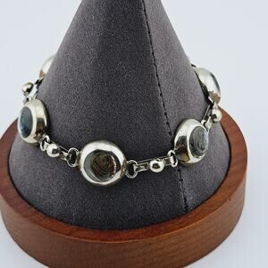 Abalone Shell Link Mexico Alpaca Silver Tone Bracelet Stackable Everyday Coastal